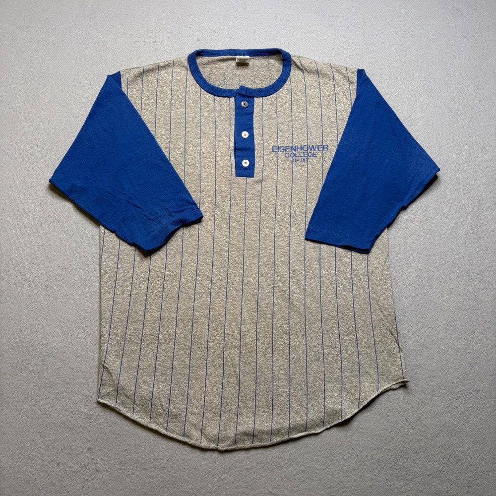 Medallion Henley Shirt Mens L Gray Eisenhower‎ College RIT Vintage Pinstripe